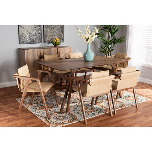 Baxton Studio Marcena Mid-Century Modern Beige Imitation Leather Upholstered and Walnut Brown Finished Wood 7-Piece Dining Set