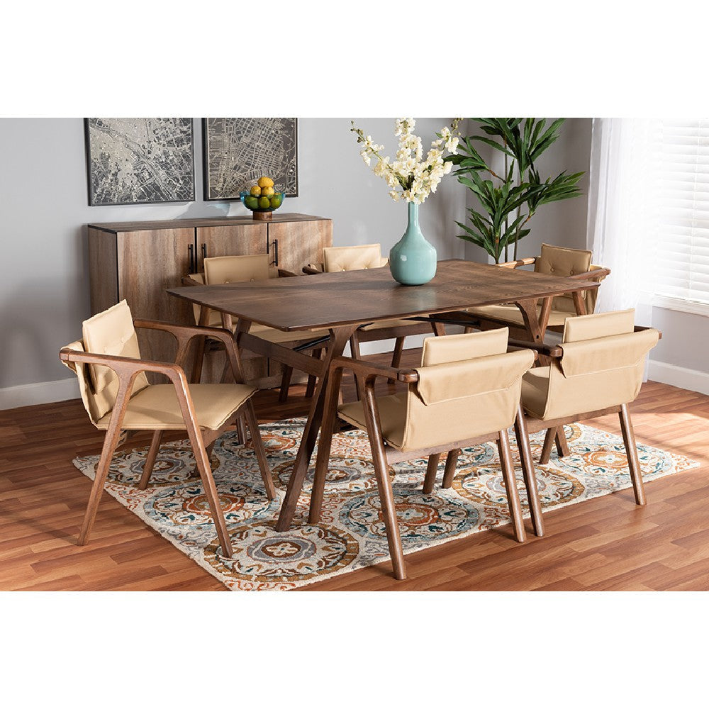 Baxton Studio Marcena Mid-Century Modern Beige Imitation Leather Upholstered and Walnut Brown Finished Wood 7-Piece Dining Set