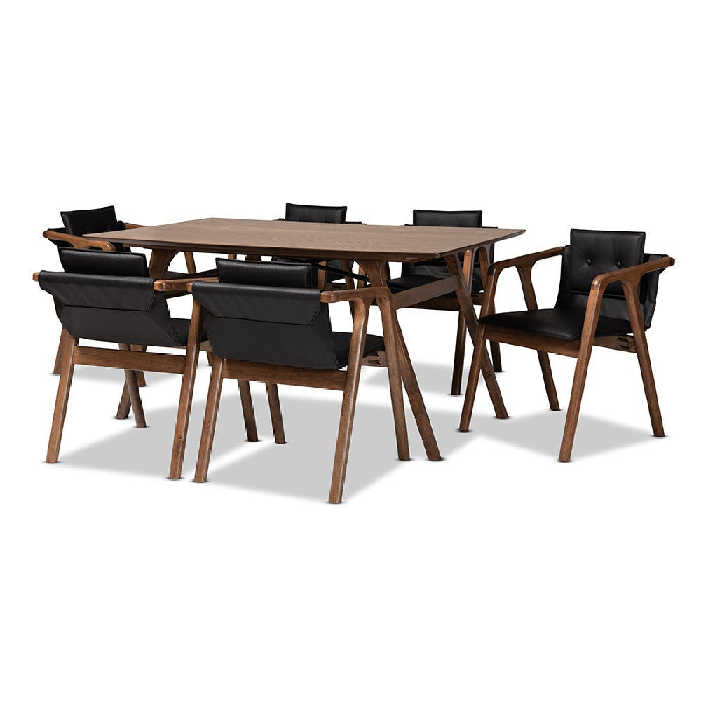 Baxton Studio Marcena Mid-Century Modern Black Imitation Leather Upholstered and Walnut Brown Finished Wood 7-Piece Dining Set