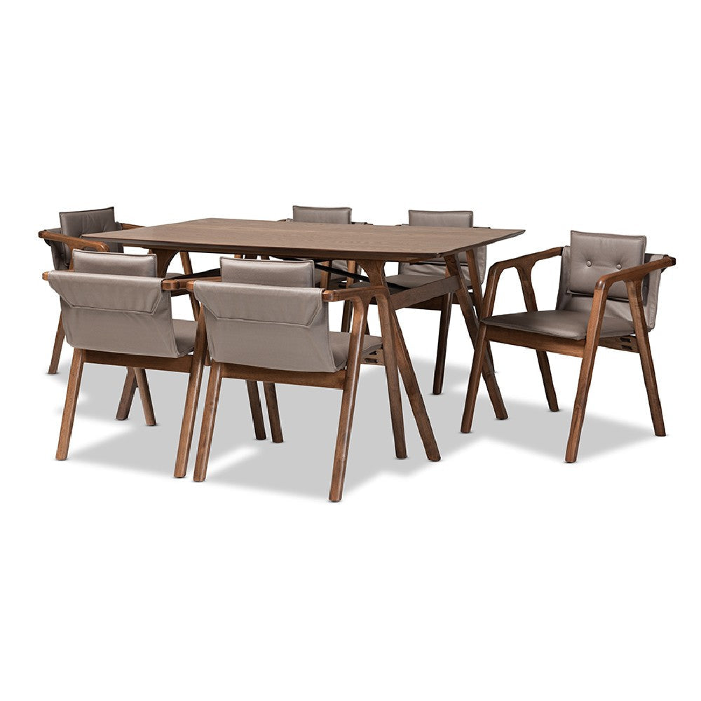 Baxton Studio Marcena Mid-Century Modern Grey Imitation Leather Upholstered and Walnut Brown Finished Wood 7-Piece Dining Set