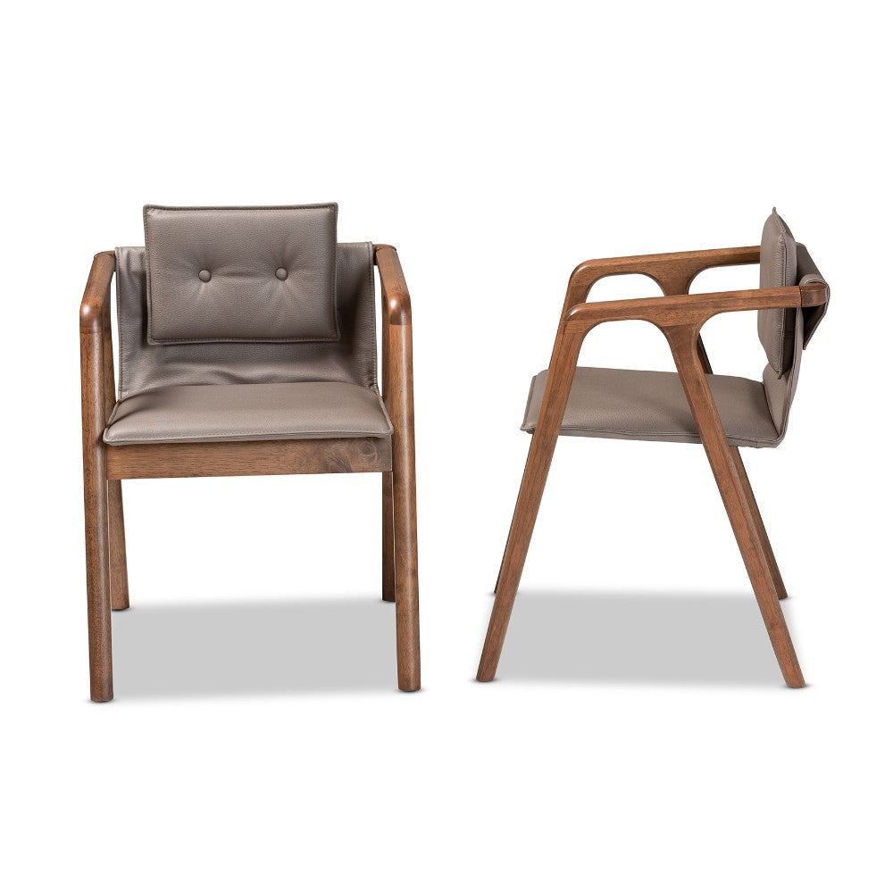 Baxton Studio Marcena Mid-Century Modern Grey Imitation Leather Upholstered and Walnut Brown Finished Wood 2-Piece Dining Chair Set