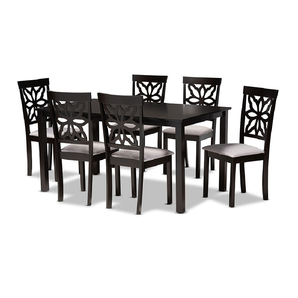 Baxton Studio Dallas Modern and Contemporary Grey Fabric Upholstered and Dark Brown Finished Wood 7-Piece Dining Set