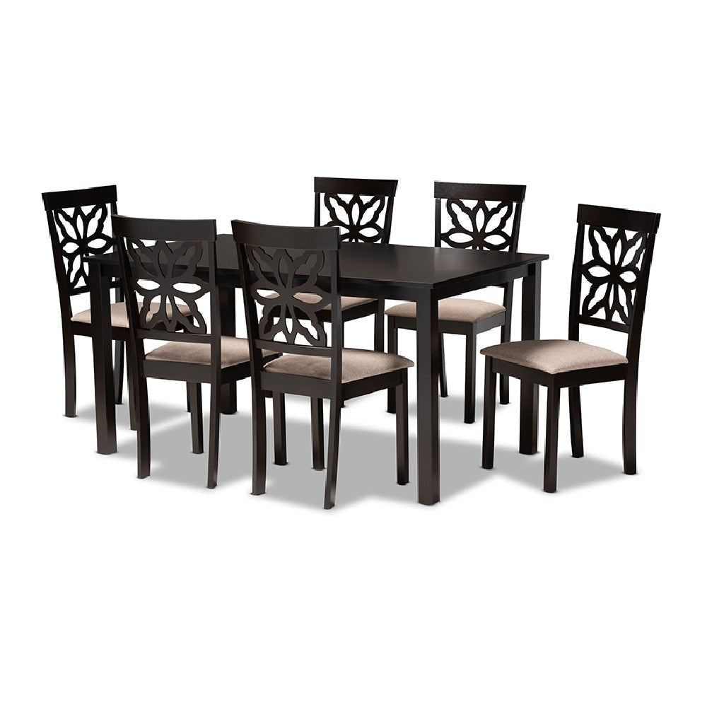 Baxton Studio Dallas Modern and Contemporary Sand Fabric Upholstered and Dark Brown Finished Wood 7-Piece Dining Set