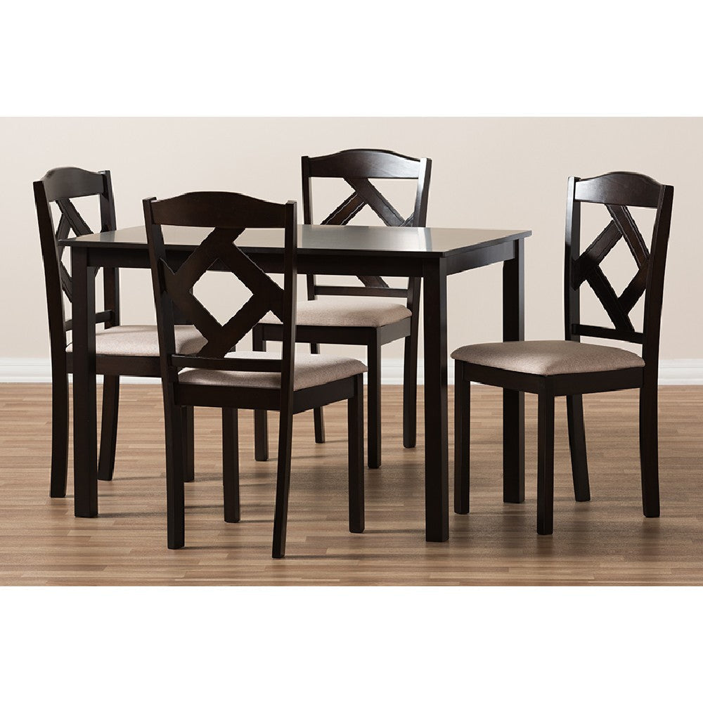 Baxton Studio Ruth Modern and Contemporary Beige Fabric Upholstered and Dark Brown Finished 5-Piece Dining Set