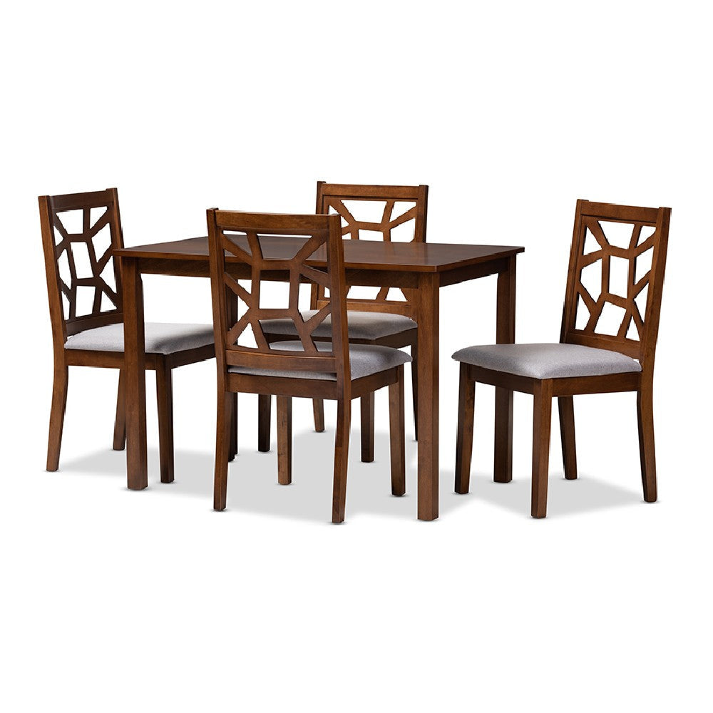 Baxton Studio Abilene Mid-Century Walnut Finished and Grey Fabric Upholstered 5-Piece Dining Set WHI-RH3010C-Walnut-Grey-Dining-Set