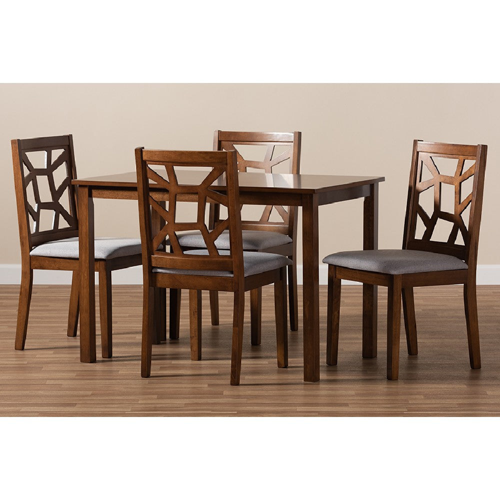 Baxton Studio Abilene Mid-Century Walnut Finished and Grey Fabric Upholstered 5-Piece Dining Set WHI-RH3010C-Walnut-Grey-Dining-Set