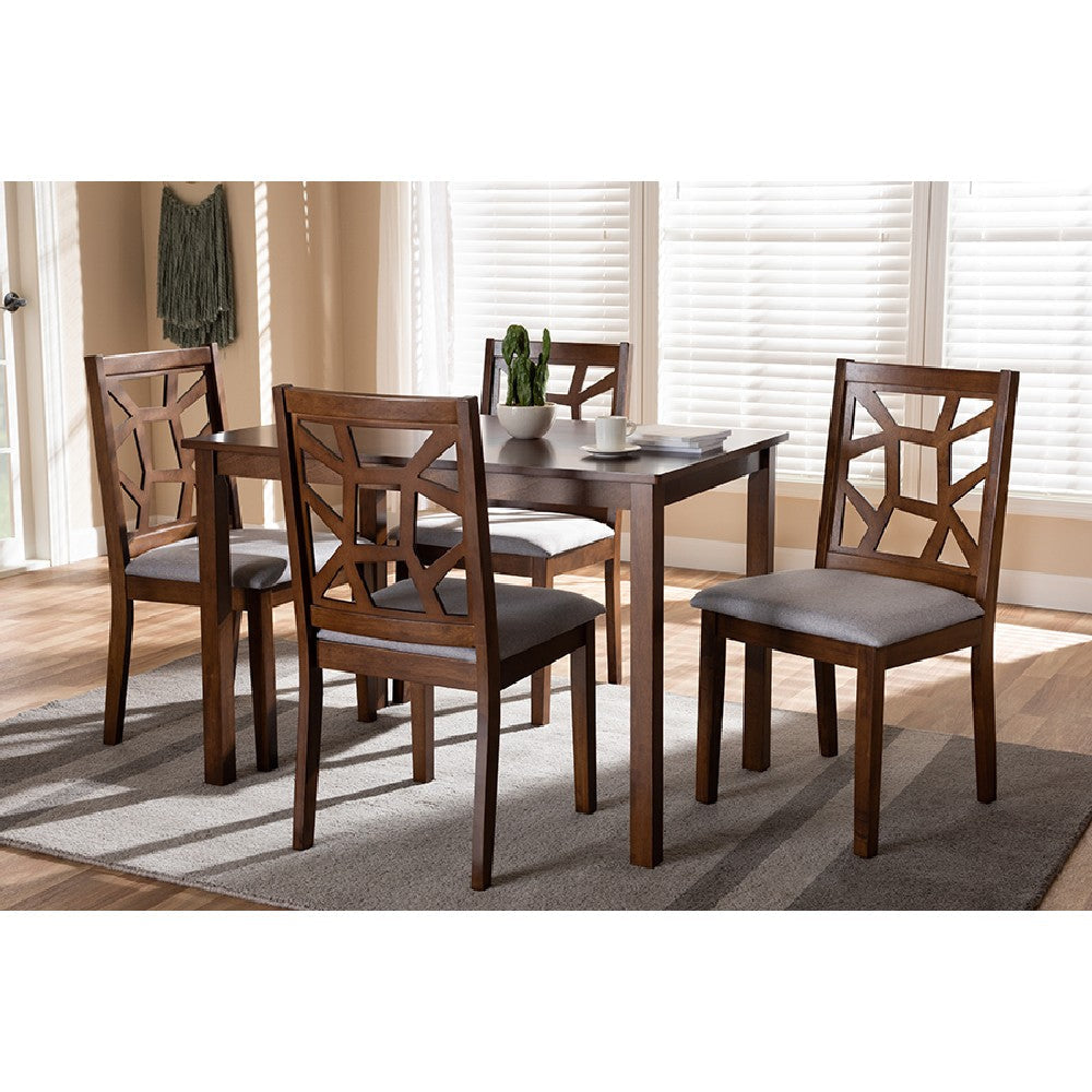 Baxton Studio Abilene Mid-Century Walnut Finished and Grey Fabric Upholstered 5-Piece Dining Set WHI-RH3010C-Walnut-Grey-Dining-Set