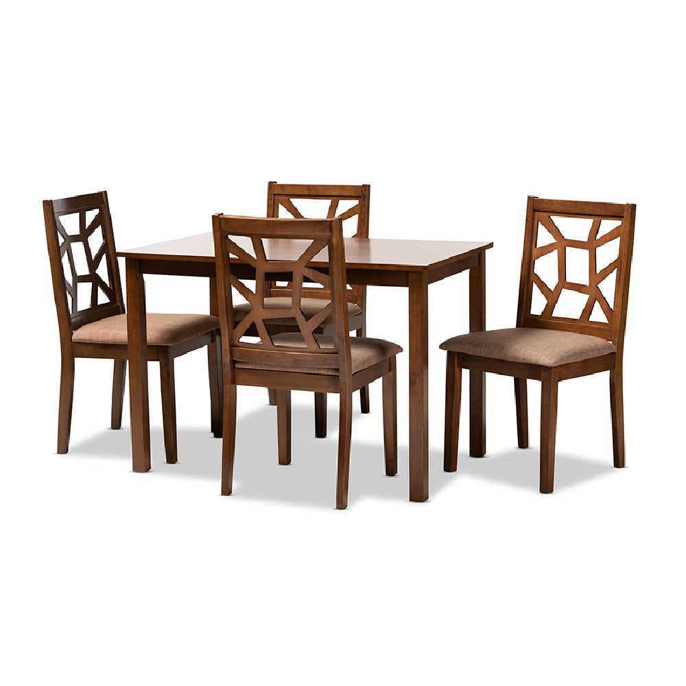 Baxton Studio Abilene Mid-Century Light Brown Fabric Upholstered and Walnut Brown Finished 5-Piece Wood Dining Set
