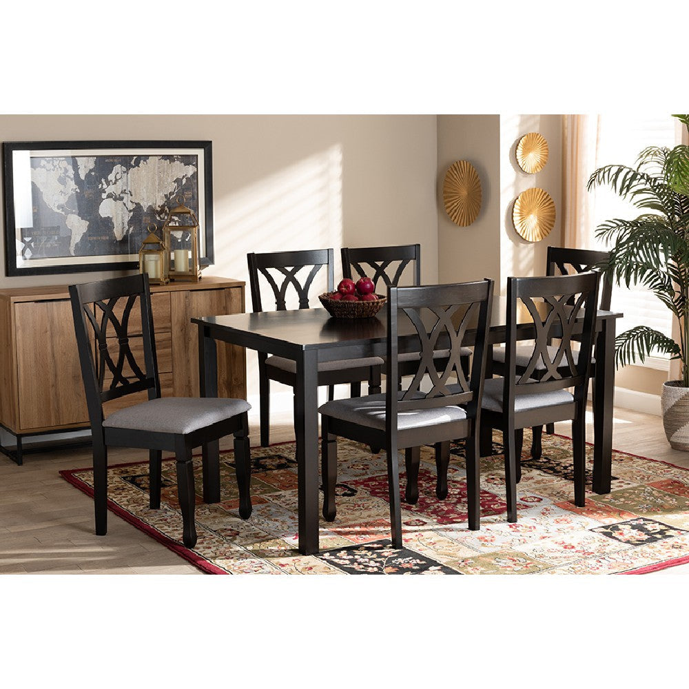 Baxton Studio Reneau Modern and Contemporary Grey Fabric Upholstered Espresso Brown Finished Wood 7-Piece Dining Set