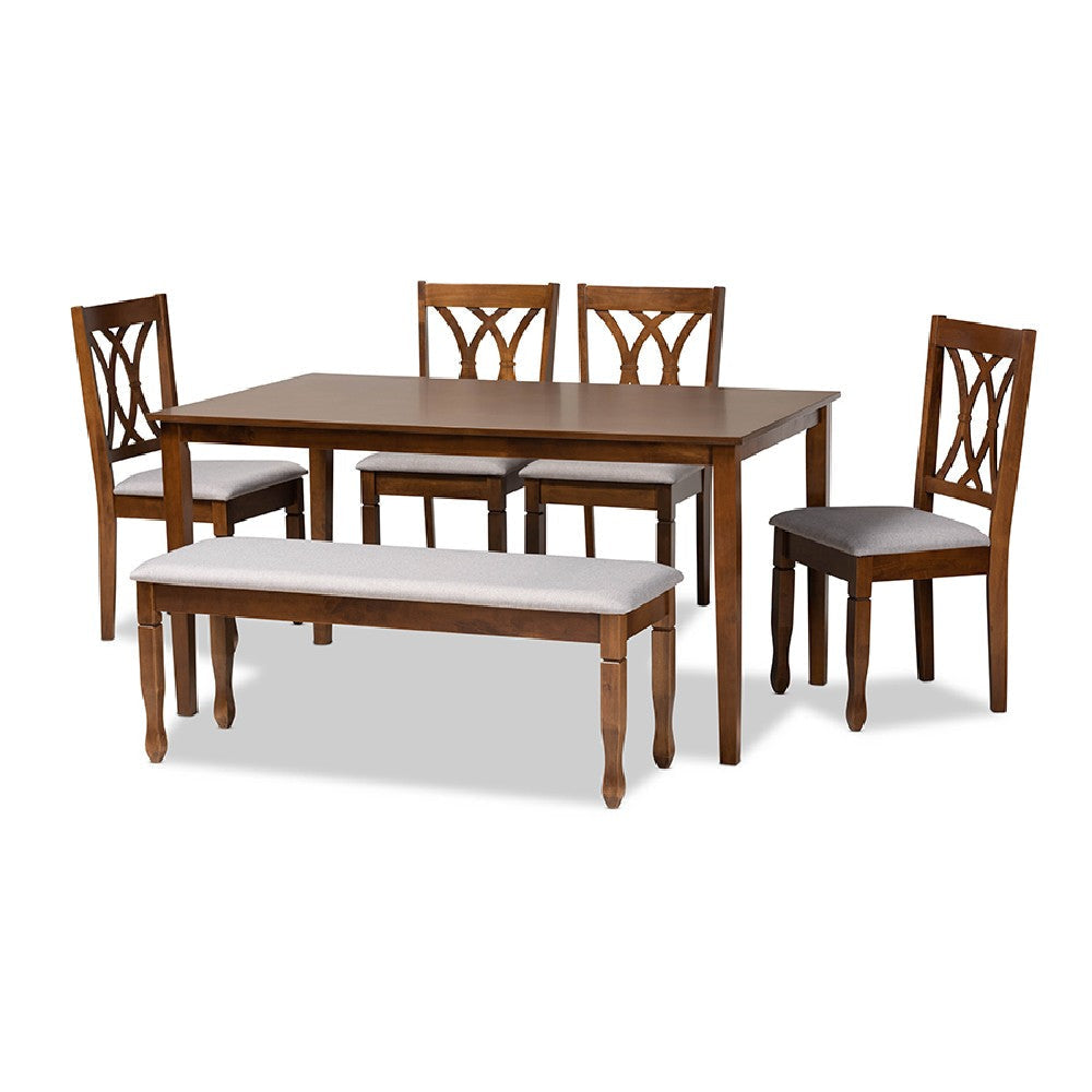 Baxton Studio Reneau Modern and Contemporary Grey Fabric Upholstered and Walnut Brown Finished Wood 6-Piece Dining Set