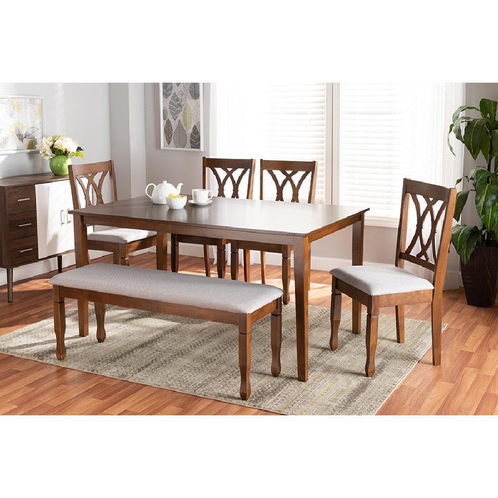 Baxton Studio Reneau Modern and Contemporary Grey Fabric Upholstered and Walnut Brown Finished Wood 6-Piece Dining Set