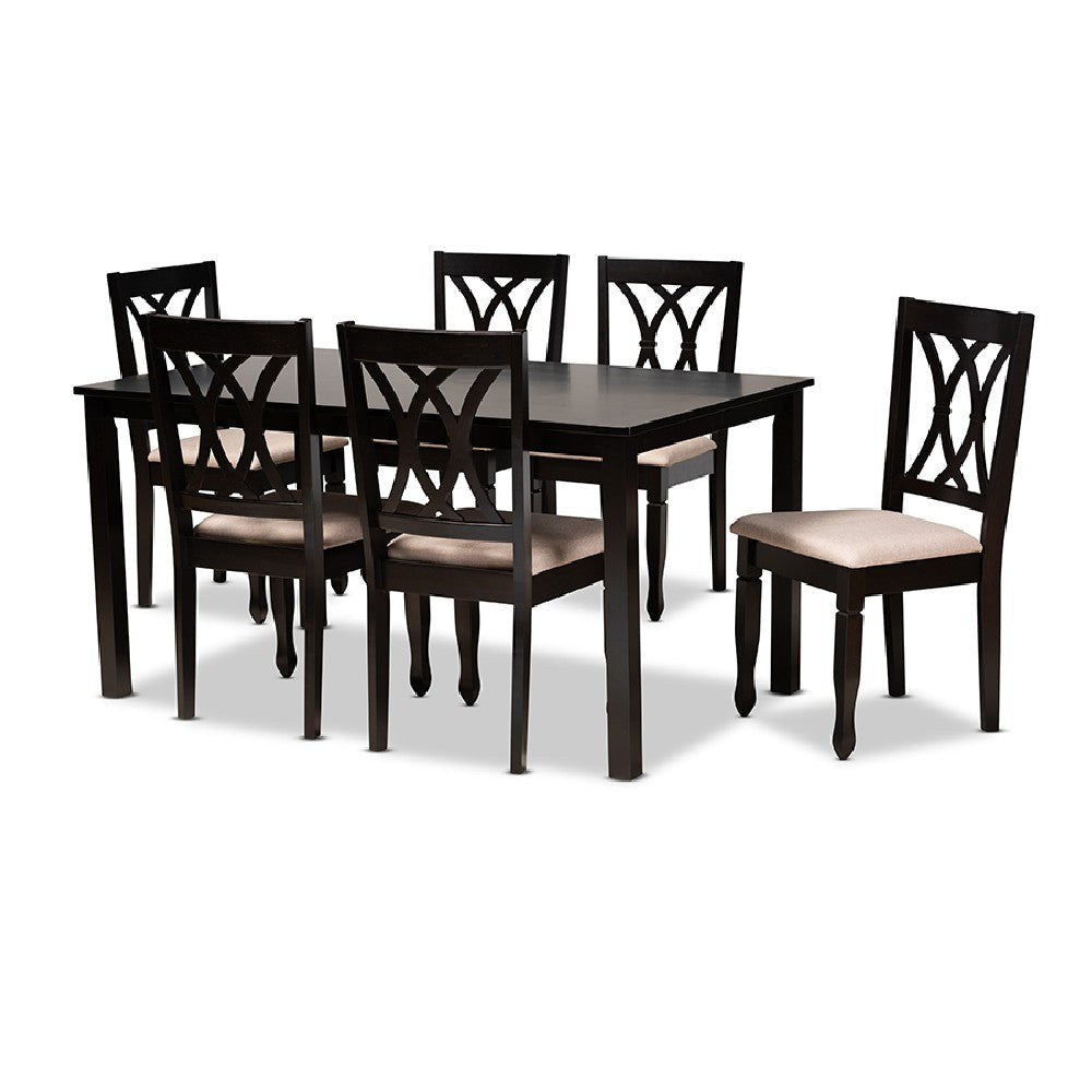 Baxton Studio Reneau Modern and Contemporary Sand Fabric Upholstered Espresso Brown Finished Wood 7-Piece Dining Set