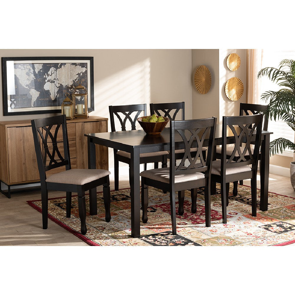 Baxton Studio Reneau Modern and Contemporary Sand Fabric Upholstered Espresso Brown Finished Wood 7-Piece Dining Set