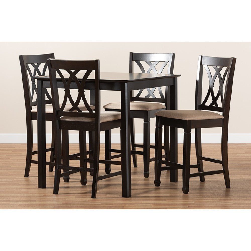 Baxton Studio Reneau Modern and Contemporary Sand Fabric Upholstered Espresso Brown Finished 5-Piece Wood Pub Set