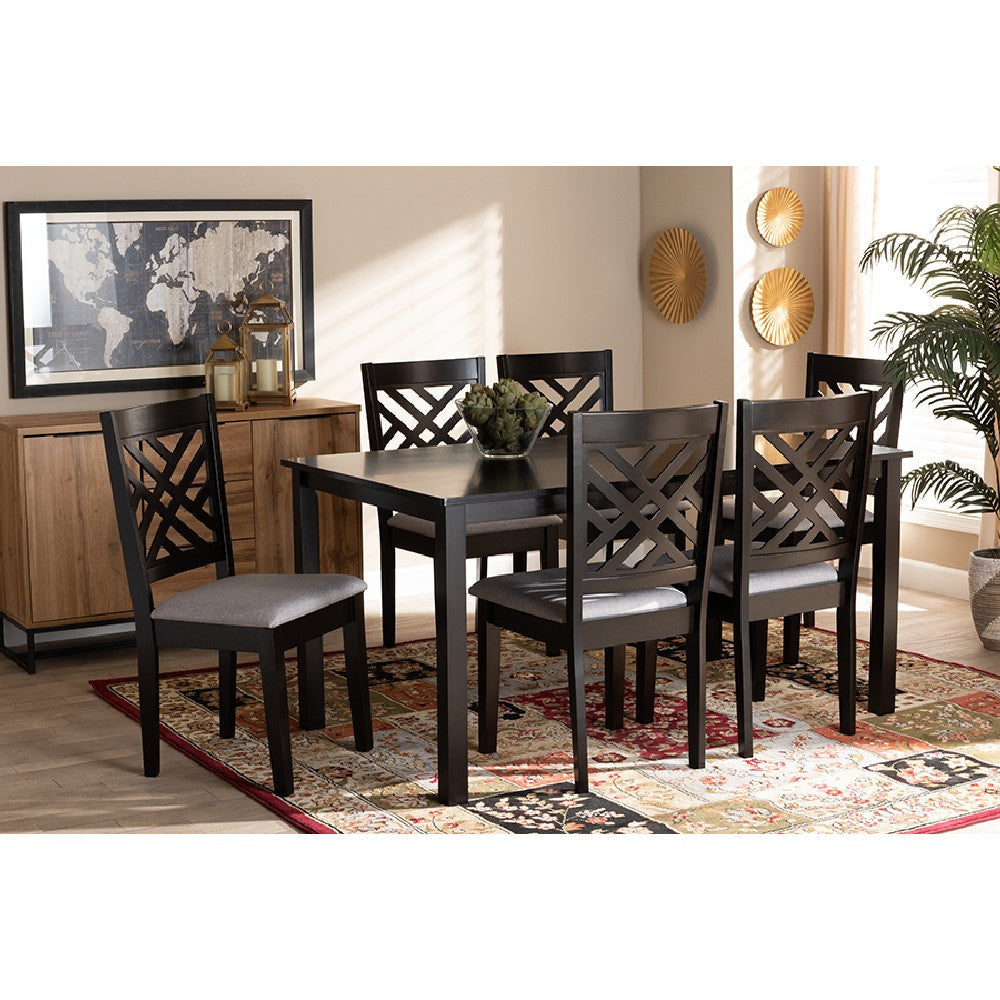 Baxton Studio Caron Modern and Contemporary Grey Fabric Upholstered Espresso Brown Finished Wood 7-Piece Dining Set