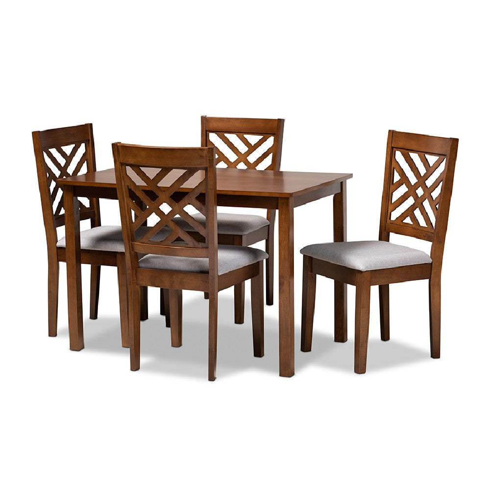 Baxton Studio Caron Modern and Contemporary Grey Fabric Upholstered Walnut Brown Finished Wood 5-Piece Dining Set