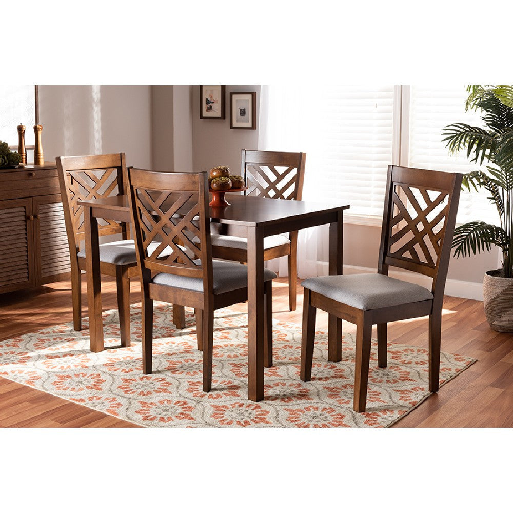 Baxton Studio Caron Modern and Contemporary Grey Fabric Upholstered Walnut Brown Finished Wood 5-Piece Dining Set