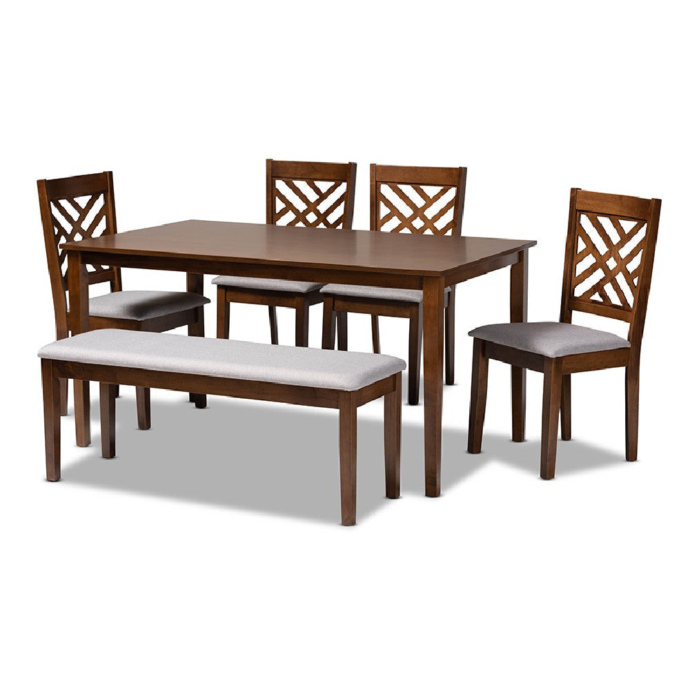Baxton Studio Gustavo Modern and Contemporary Grey Fabric Upholstered and Walnut Brown Finished Wood 6-Piece Dining Set