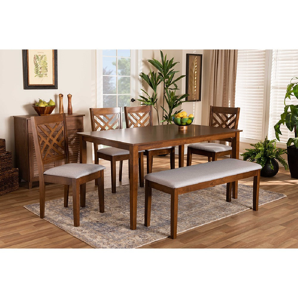 Baxton Studio Gustavo Modern and Contemporary Grey Fabric Upholstered and Walnut Brown Finished Wood 6-Piece Dining Set