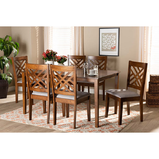 Baxton Studio Caron Modern and Contemporary Grey Fabric Upholstered and Walnut Brown Finished Wood 7-Piece Dining Set