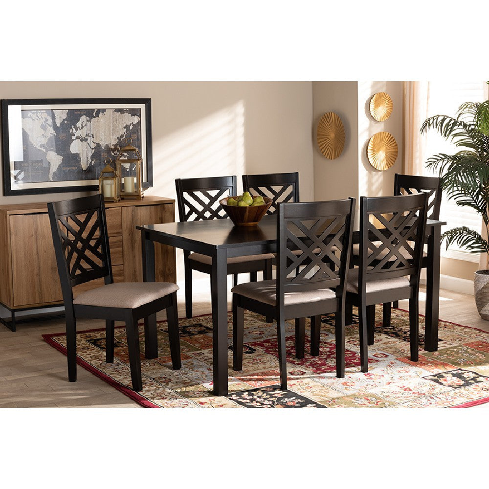 Baxton Studio Caron Modern and Contemporary Sand Fabric Upholstered Espresso Brown Finished Wood 7-Piece Dining Set