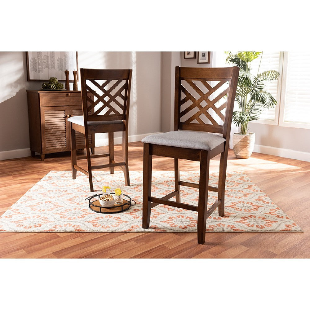 Baxton Studio Caron Modern and Contemporary Grey Fabric Upholstered Walnut Brown Finished 2-Piece Wood Counter Height Pub Chair Set Set