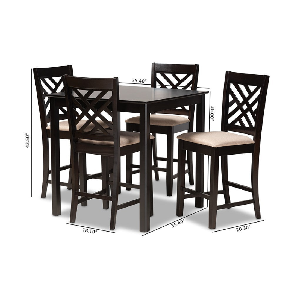 Baxton Studio Caron Modern and Contemporary Sand Fabric Upholstered Espresso Brown Finished 5-Piece Wood Pub Set