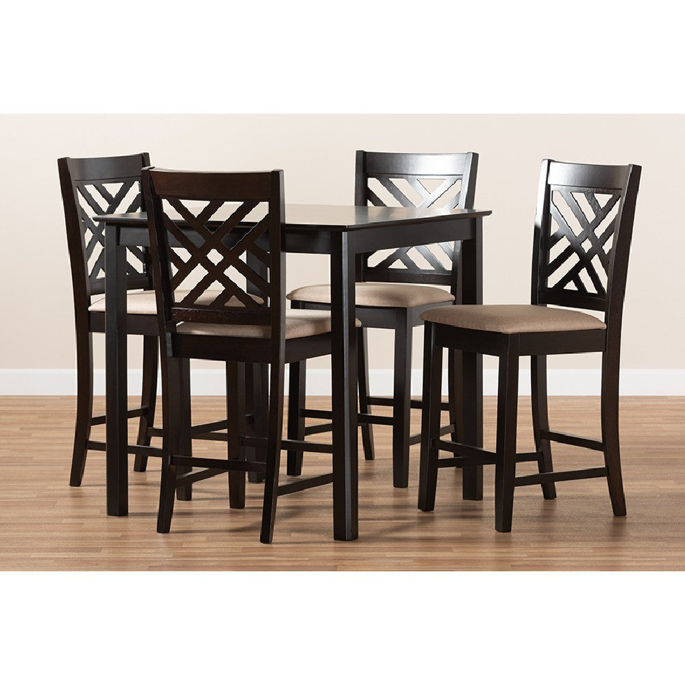 Baxton Studio Caron Modern and Contemporary Sand Fabric Upholstered Espresso Brown Finished 5-Piece Wood Pub Set