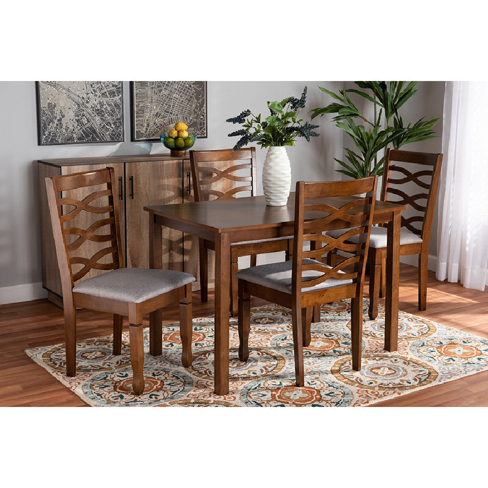 Baxton Studio Lanier Modern and Contemporary Grey Fabric Upholstered and Walnut Brown Finished Wood 5-Piece Dining Set