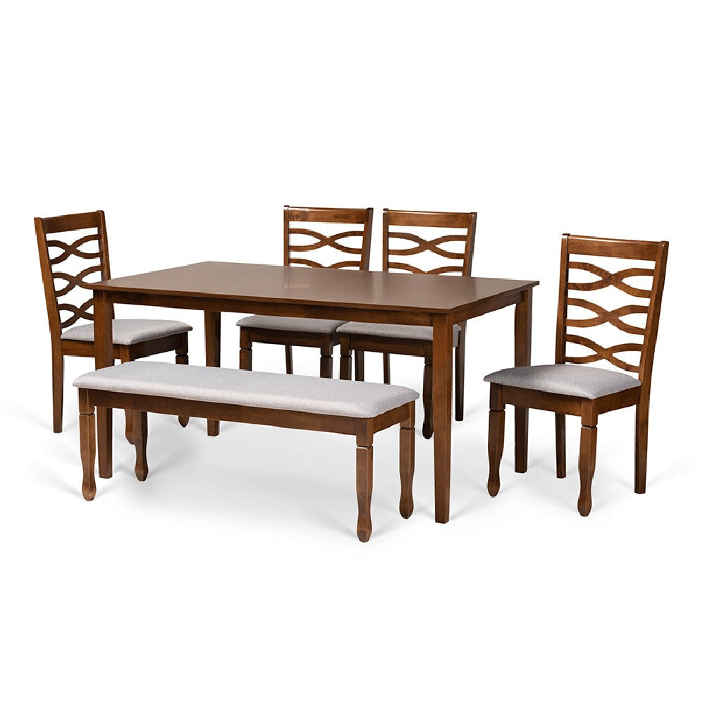 Baxton Studio Lanier Modern and Contemporary Grey Fabric Upholstered and Walnut Brown Finished Wood 6-Piece Dining Set