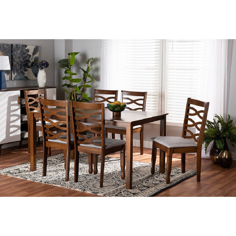 Baxton Studio Lanier Modern and Contemporary Grey Fabric Upholstered and Walnut Brown Finished Wood 7-Piece Dining Set