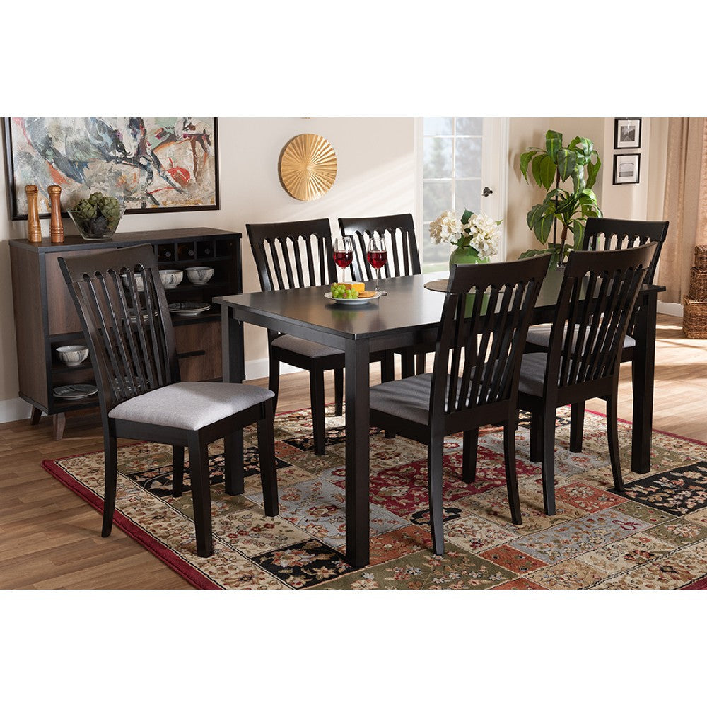 Baxton Studio Minette Modern and Contemporary Gray Fabric Upholstered and Espresso Brown Finished Wood 7-Piece Dining Set