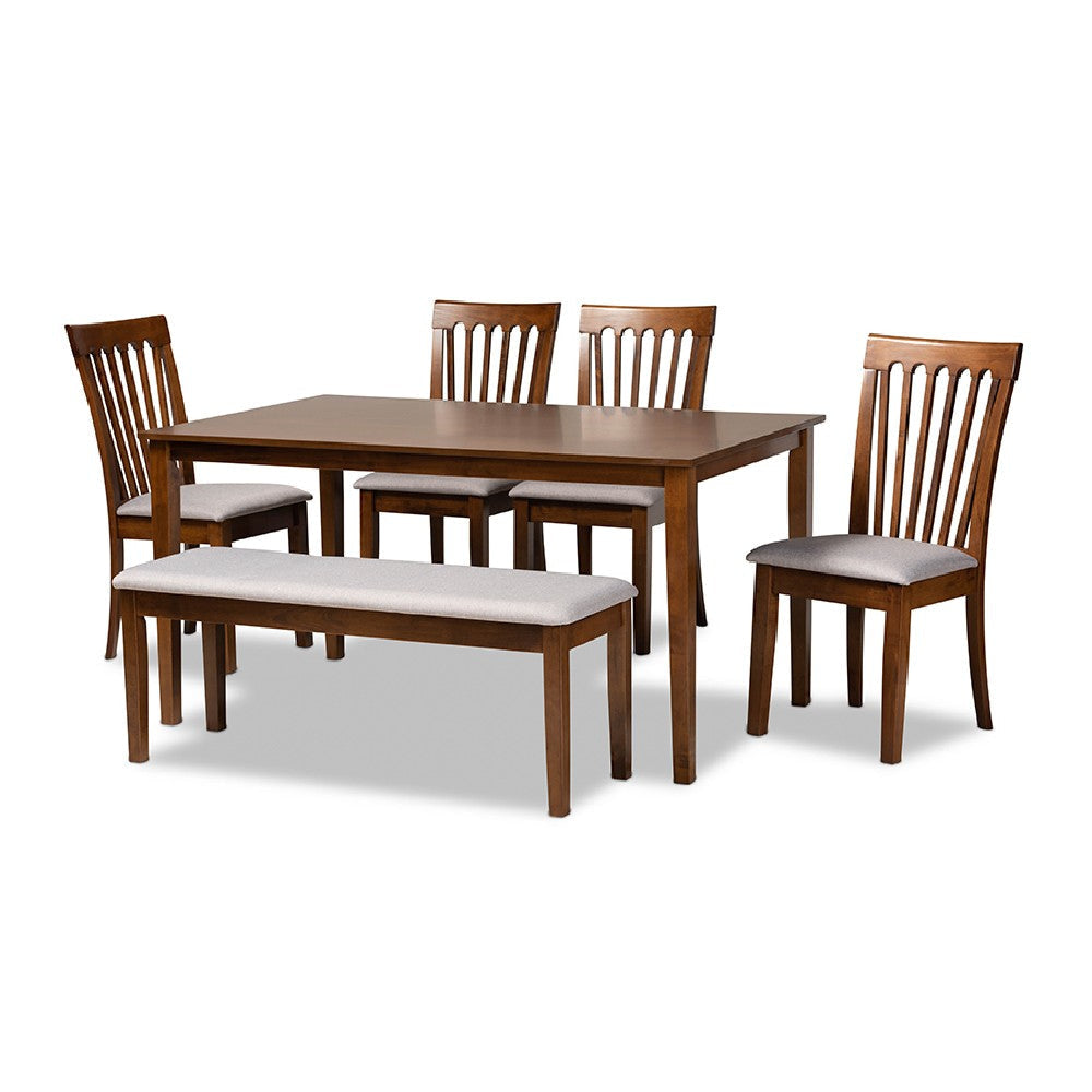 Baxton Studio Minette Modern and Contemporary Grey Fabric Upholstered and Walnut Brown Finished Wood 6-Piece Dining Set