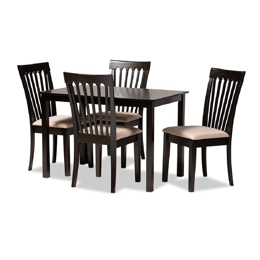Baxton Studio Minette Modern and Contemporary Sand Fabric Upholstered Espresso Brown Finished Wood 5-Piece Dining Set