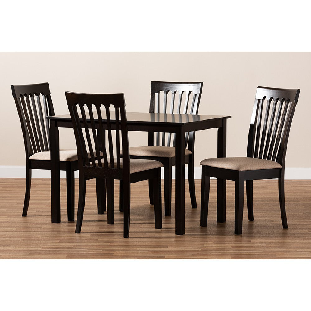 Baxton Studio Minette Modern and Contemporary Sand Fabric Upholstered Espresso Brown Finished Wood 5-Piece Dining Set