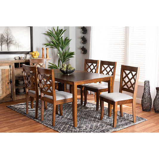 Baxton Studio Verner Modern and Contemporary Grey Fabric Upholstered and Walnut Brown Finished Wood 7-Piece Dining Set