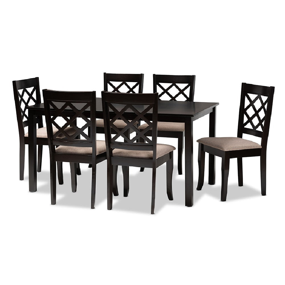 Baxton Studio Verner Modern and Contemporary Sand Fabric Upholstered Dark Brown Finished 7-Piece Wood Dining Set