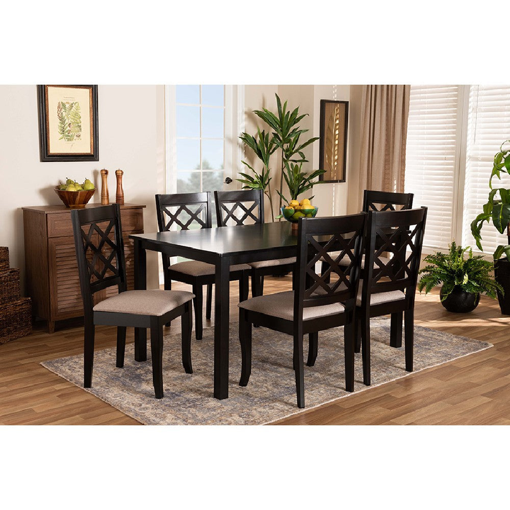 Baxton Studio Verner Modern and Contemporary Sand Fabric Upholstered Dark Brown Finished 7-Piece Wood Dining Set