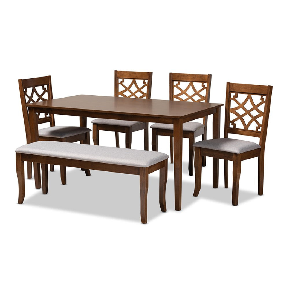 Baxton Studio Dori Modern and Contemporary Grey Fabric Upholstered and Walnut Brown Finished Wood 6-Piece Dining Set