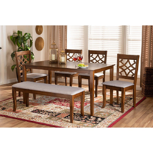 Baxton Studio Dori Modern and Contemporary Grey Fabric Upholstered and Walnut Brown Finished Wood 6-Piece Dining Set