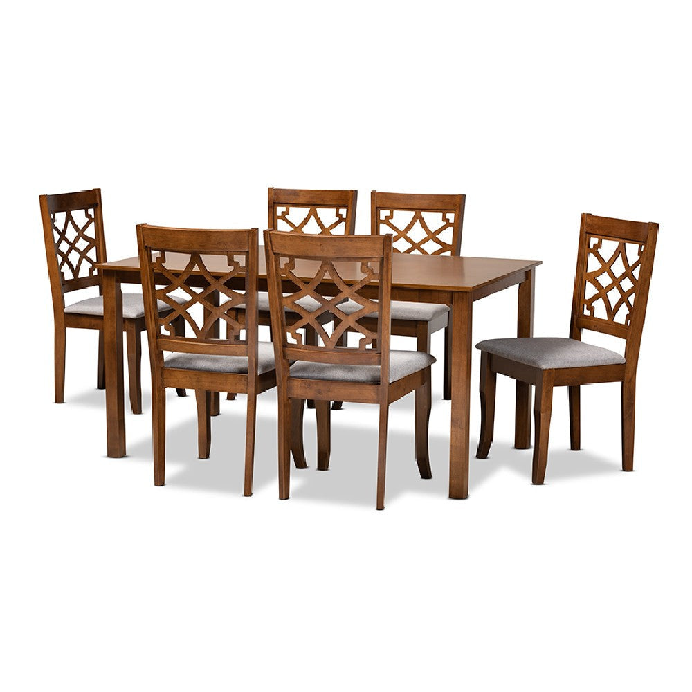 Baxton Studio Mael Modern and Contemporary Grey Fabric Upholstered and Walnut Brown Finished Wood 7-Piece Dining Set
