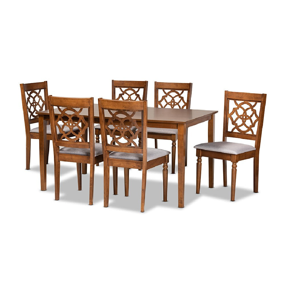 Baxton Studio Renaud Modern and Contemporary Grey Fabric Upholstered and Walnut Brown Finished Wood 7-Piece Dining Set
