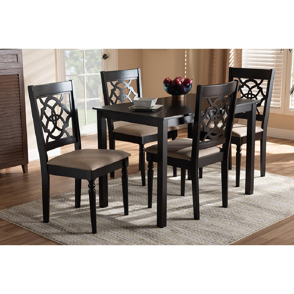 Baxton Studio Renaud Modern and Contemporary Sand Fabric Upholstered Espresso Brown Finished 5-Piece Wood Dining Set
