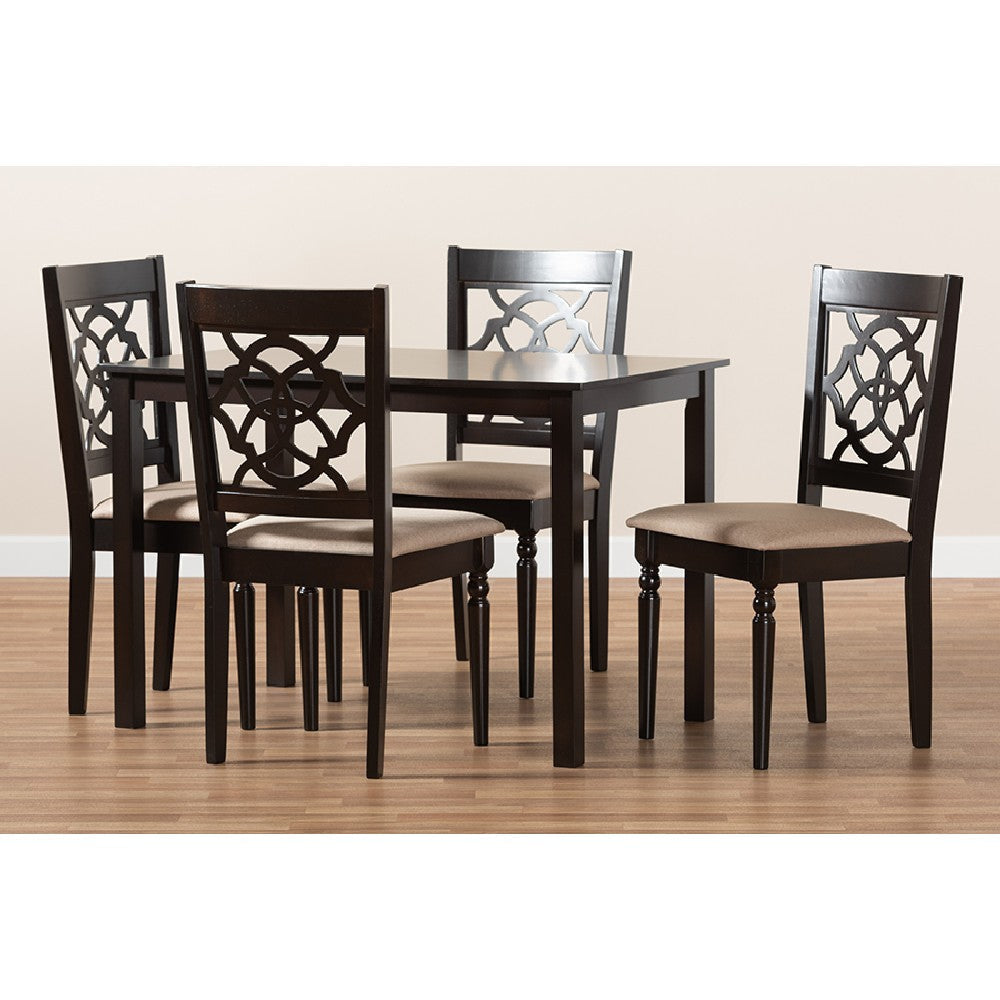 Baxton Studio Renaud Modern and Contemporary Sand Fabric Upholstered Espresso Brown Finished 5-Piece Wood Dining Set