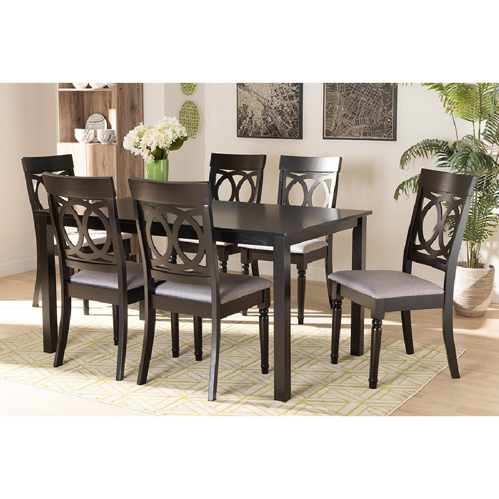 Baxton Studio Lucie Modern and Contemporary Grey Fabric Upholstered and Dark Brown Finished Wood 7-Piece Dining Set