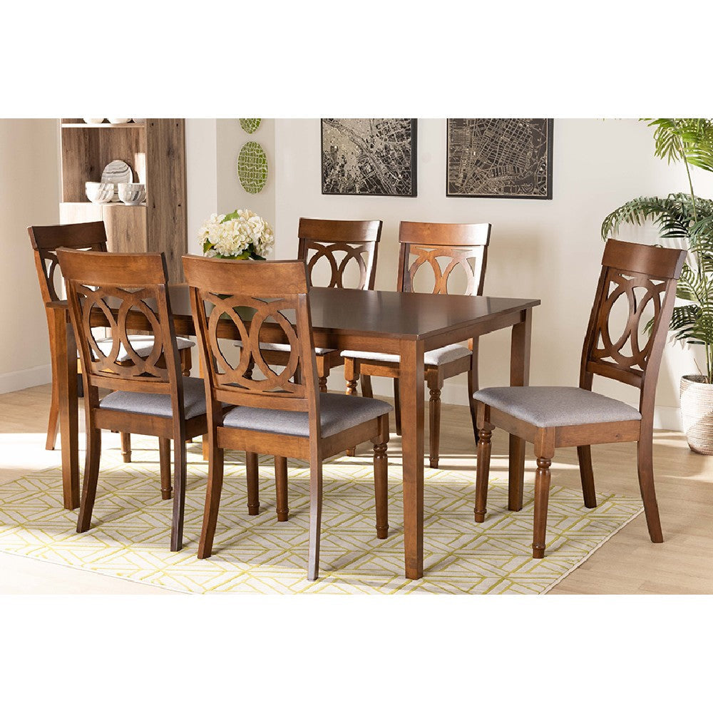 Baxton Studio Lucie Modern and Contemporary Grey Fabric Upholstered and Walnut Brown Finished Wood 7-Piece Dining Set