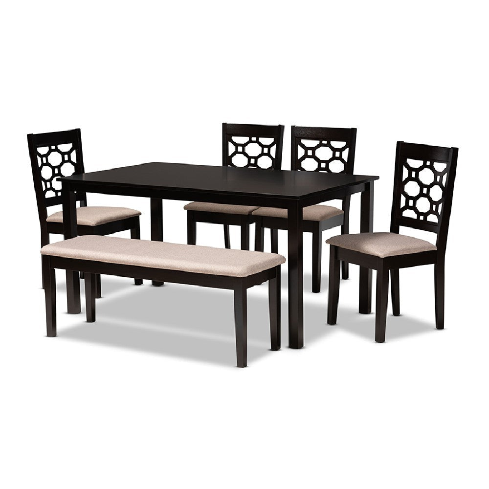 Baxton Studio Gabriel Modern and Contemporary Sand Fabric Upholstered and Dark Brown Finished Wood 6-Piece Dining Set