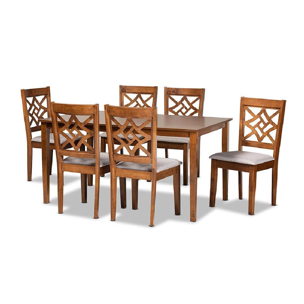Baxton Studio Nicolette Modern and Contemporary Grey Fabric Upholstered and Walnut Brown Finished Wood 7-Piece Dining Set