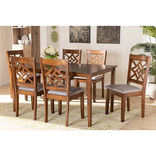 Baxton Studio Nicolette Modern and Contemporary Grey Fabric Upholstered and Walnut Brown Finished Wood 7-Piece Dining Set