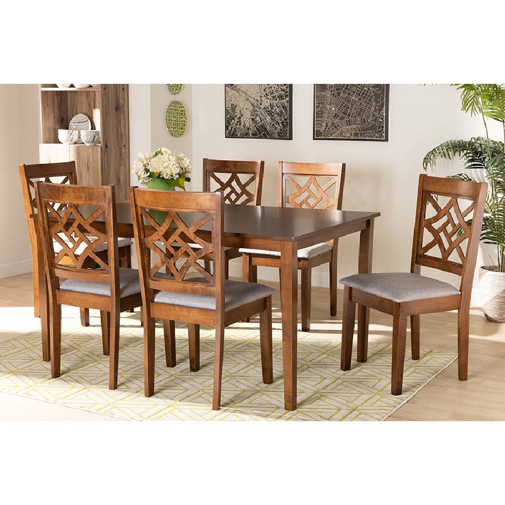 Baxton Studio Nicolette Modern and Contemporary Grey Fabric Upholstered and Walnut Brown Finished Wood 7-Piece Dining Set